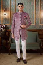 lilac Wedding Wear Thread Embroidered Jacket Style Indowestern Set