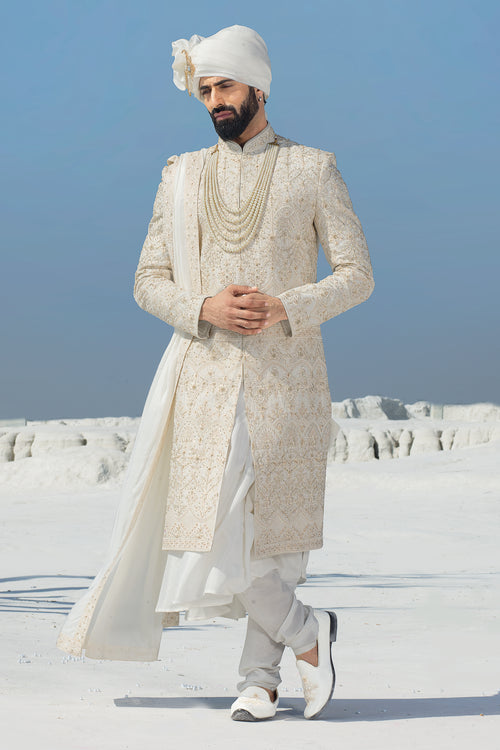 Cream Readymade Embroidery Sherwani With Pant For Men