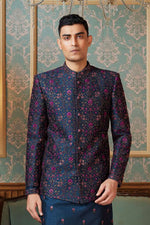 Navy Blue Jacket Style Indowestern In Art Silk Set For Mens