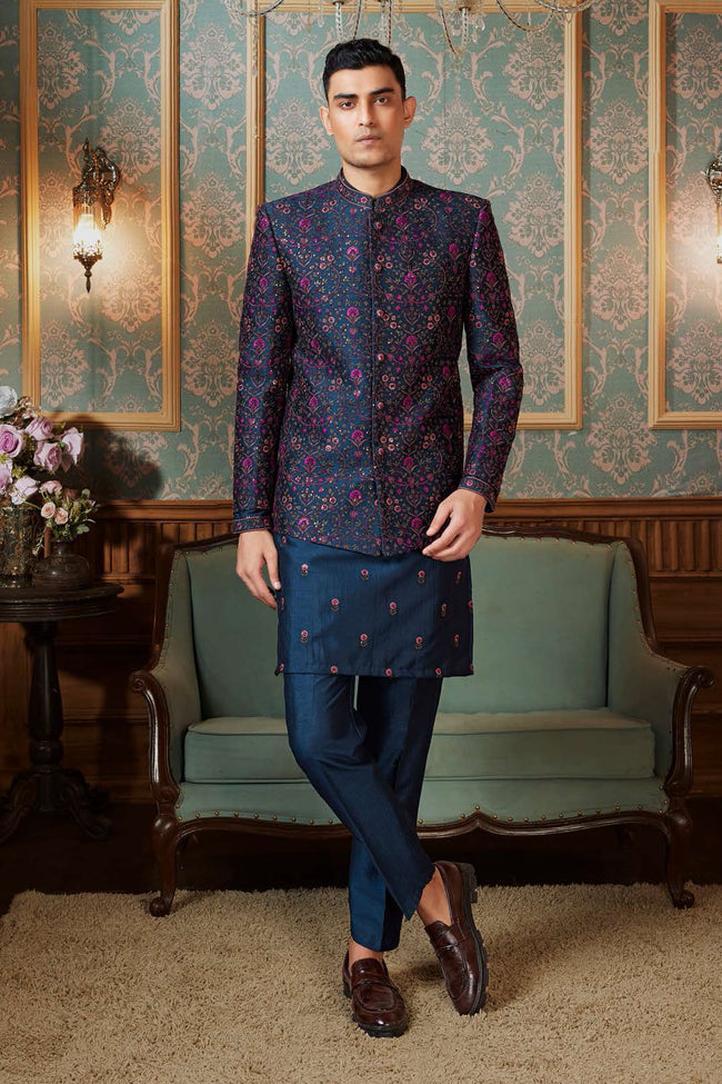 Navy Blue Jacket Style Indowestern In Art Silk Set For Mens