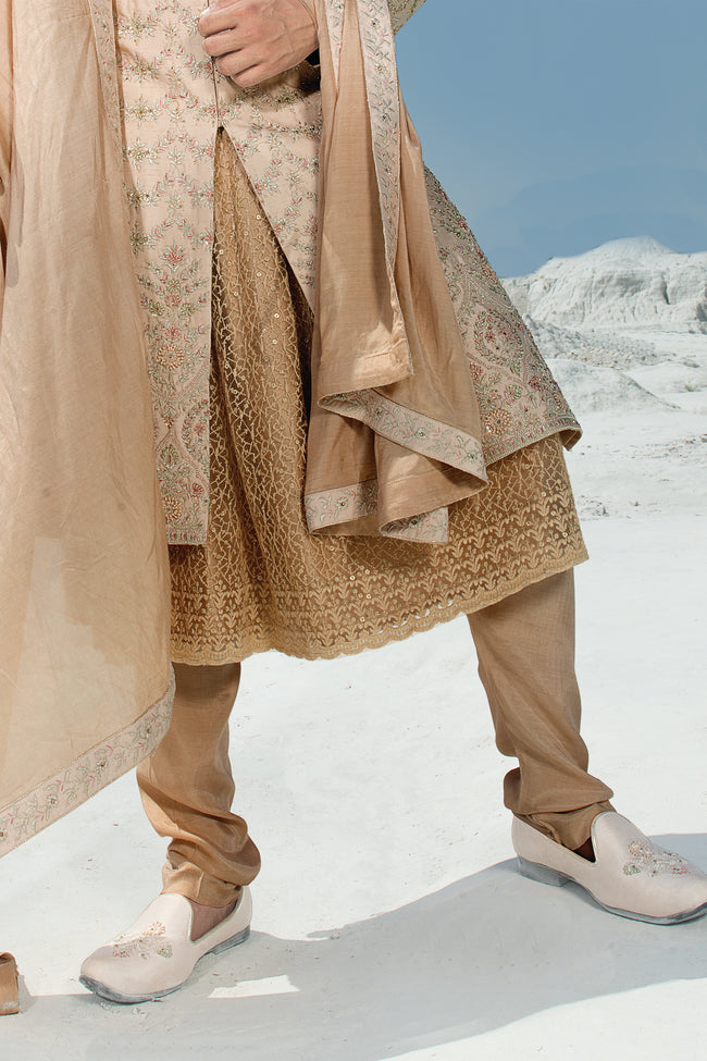 Brown Golden Raw Silk Layered Mughal Style Sherwani For Men