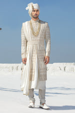 Beige White Thread Embroidered Silk Sherwani Set With Zari For Men