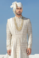 Beige White Thread Embroidered Silk Sherwani Set With Zari For Men