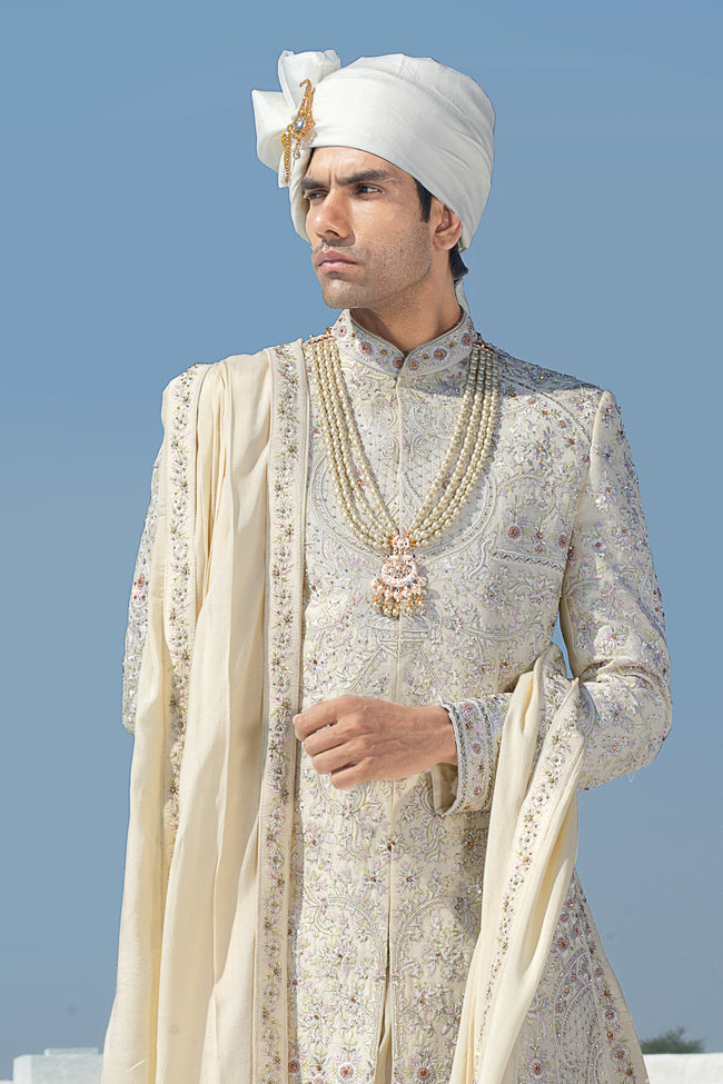 Cream Color Wedding Wear Thread Work Anarkali Sherwani In For Men