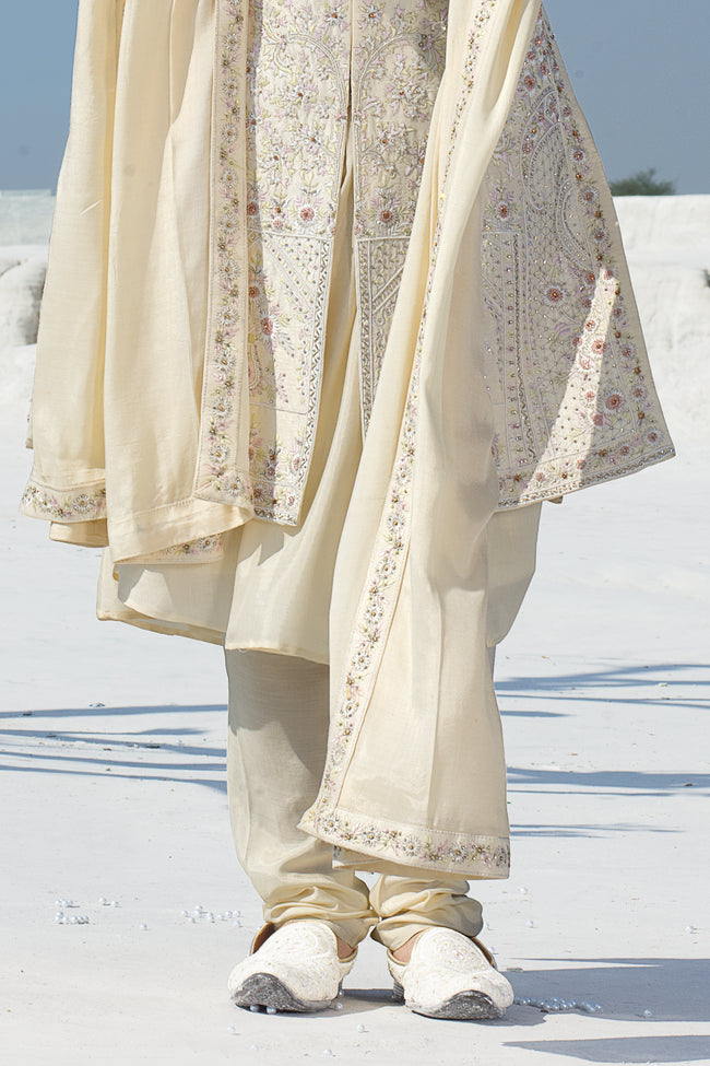 Cream Color Wedding Wear Thread Work Anarkali Sherwani In For Men