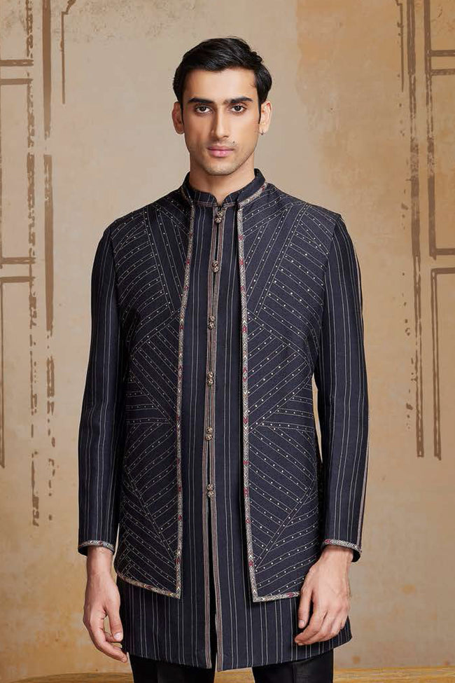 Black Silk Embroidered Indowestern Fusion Jacket Set For Mens