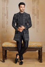 Black Thread Embroidered Indowestern Set With Jacket For Mens