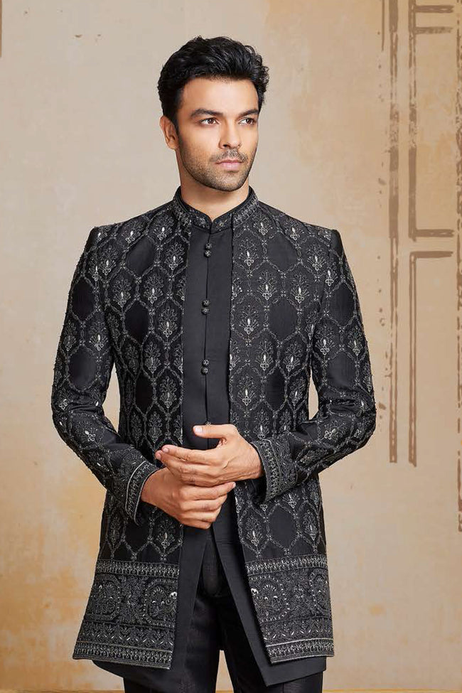 Black Thread Embroidered Indowestern Set With Jacket For Mens