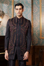 Black Festive Wear Thread Embroidered Indowestern Set With Jacket