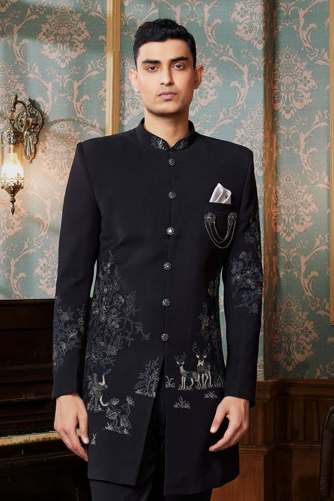 Black Ethnic Style Navy Blue Indowestern In Raw Silk Set For Mens