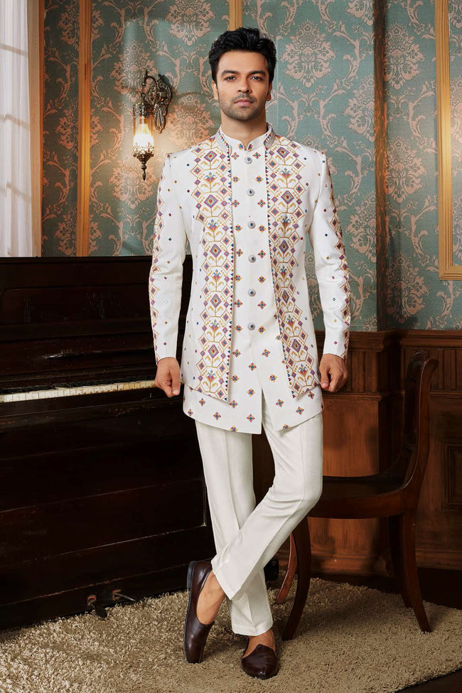 Cream Stylish Indowestern Set With Embroidered Jacket For Mens