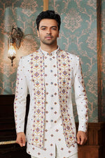 Cream Stylish Indowestern Set With Embroidered Jacket For Mens