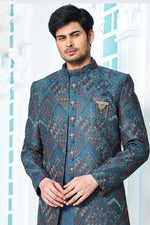 Peacock Blue Readymade Embroidered Indowestern For Mens