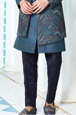 Peacock Blue Readymade Embroidered Indowestern For Mens