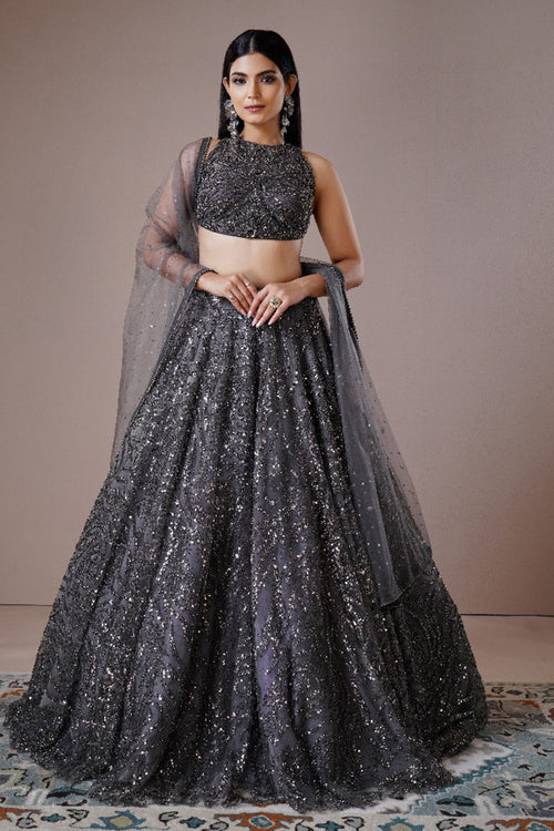 Dark Grey Sequin Embroidered Lehenga Set