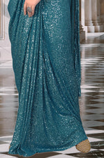Teal Ready Pleated Sequins Lycra Saree With Ruching And Matching Strappy Blouse