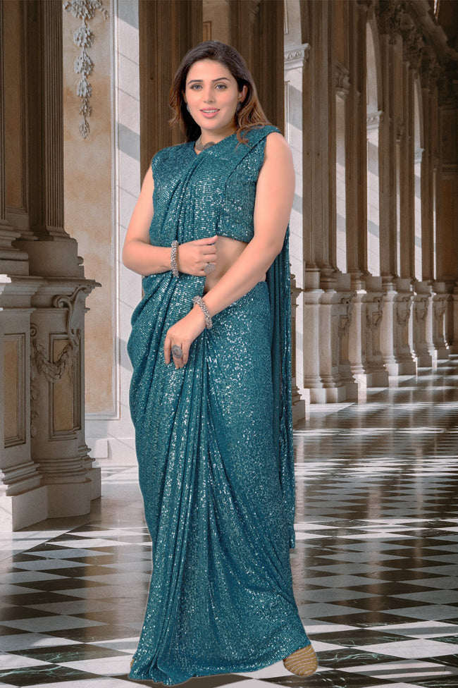 Teal Ready Pleated Sequins Lycra Saree With Ruching And Matching Strappy Blouse