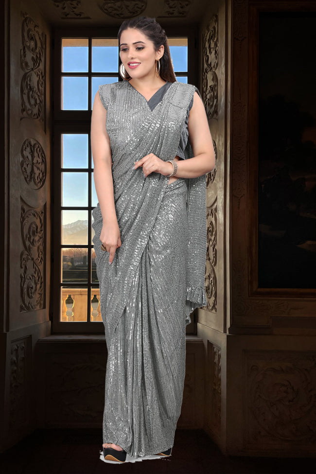 Grey Ready Pleated Sequins Lycra Saree With Ruching And Matching Strappy Blouse