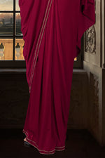 Cranberry Red Ready Pleated Saree In Lycra With Bell Sleeves, Crop Top, and Embroidered Belt