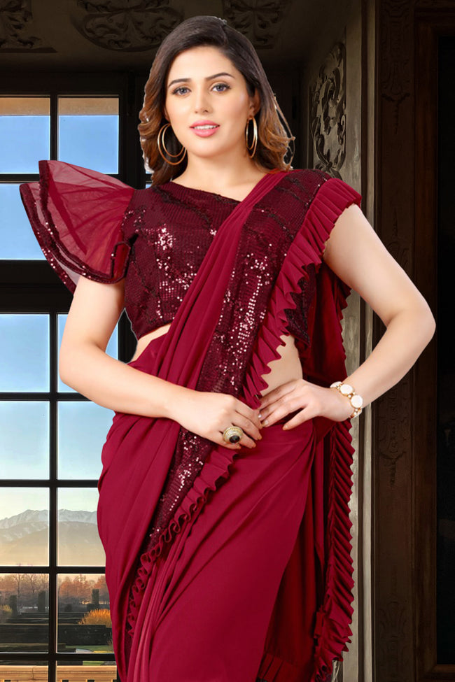 Maroon Ready Pleated Lycra Saree With Bell Sleeves Crop Top In Sequins Embroidery
