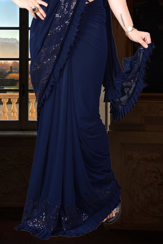Navy Blue Ready Pleated Saree In Crush With Bell Sleeve full Sequins Blouse