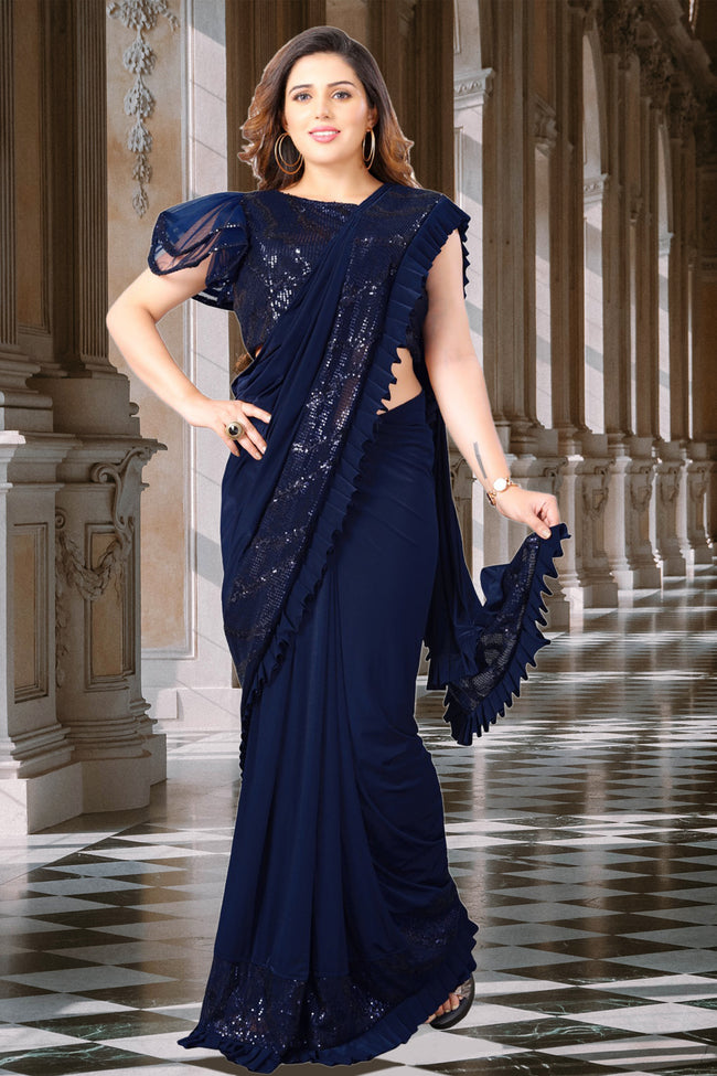Navy Blue Ready Pleated Saree In Crush With Bell Sleeve full Sequins Blouse