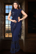 Persian Blue Ready Pleated Saree In Crush With Bell Sleeve full Sequins Blouse
