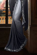 Dark Grey Lycra Ready Pleated Saree With Crop Top In Sequins Embroidery