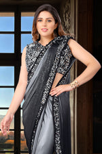 Dark Grey Lycra Ready Pleated Saree With Crop Top In Sequins Embroidery