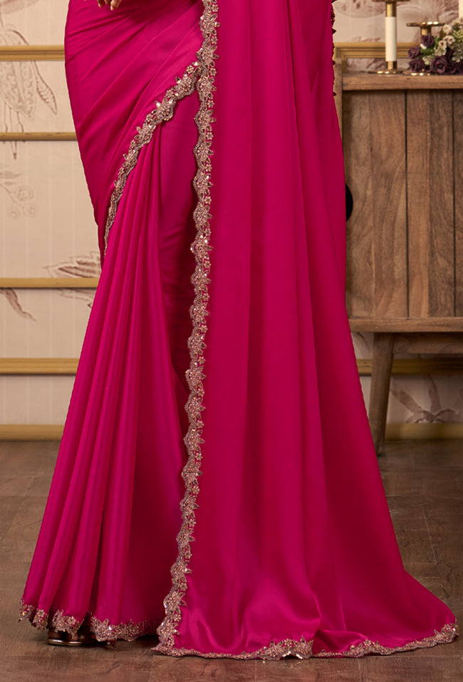 Deep Pink Colored Festive Wear Organza Satin Saree With Embroidery Blouse Piece