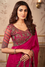 Deep Pink Colored Festive Wear Organza Satin Saree With Embroidery Blouse Piece