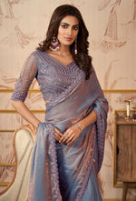Light Grey Festive Wear Organza Satin Saree With Embroidery Blouse Piece
