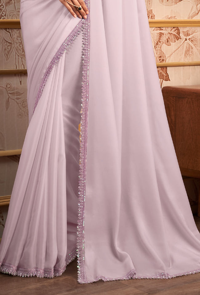 Light Lavender Festive Wear Organza Satin Saree With Embroidery Blouse Piece