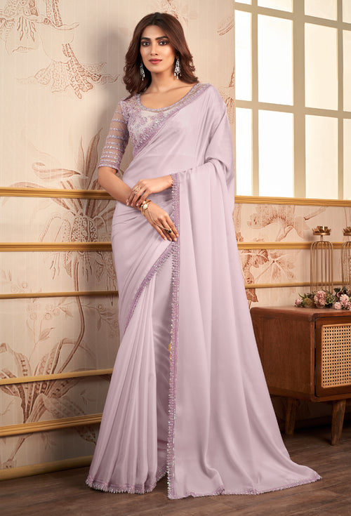 Light Lavender Festive Wear Organza Satin Saree With Embroidery Blouse Piece