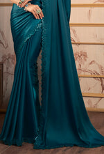Elegant Teal Blue Color Designer Organza Satin Festive Saree With Embroidery Blouse Piece
