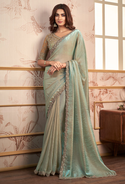Lovely Green Color Silk Festive Saree With Embroidery Blouse Piece