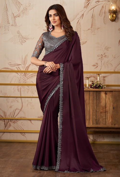 Dark Maroon Sequins Embroidered Organza Satin Saree With Embroidery Blouse Piece