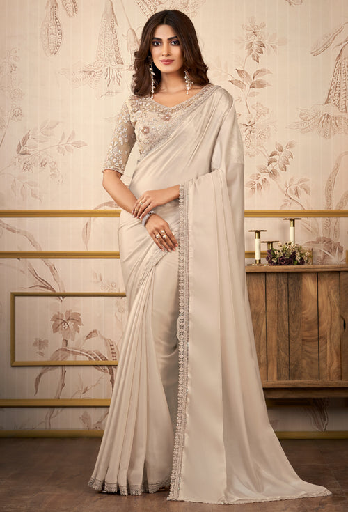Cream Sequins Embroidered Organza Satin Saree With Embroidery Blouse Piece