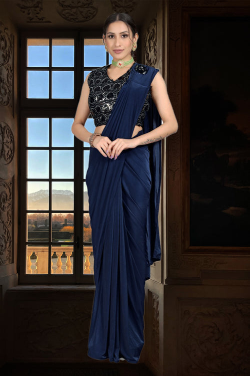 Indigo Blue Ready Pleated Lycra Saree With Sequins Embroidered Blouse 