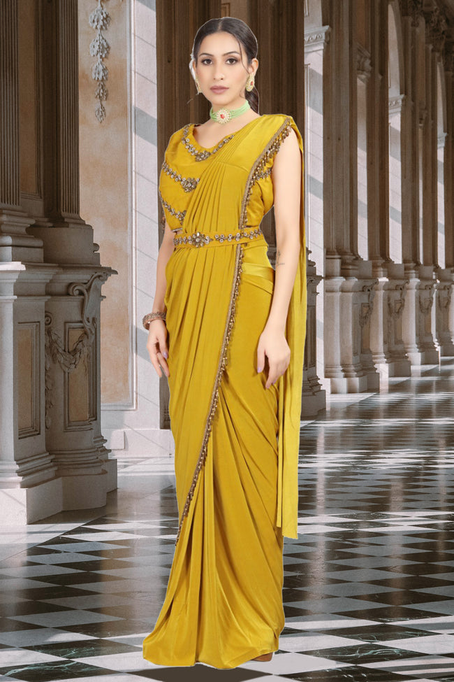 Daffodil Yellow Embroidered Ready-Pleated Lycra Saree