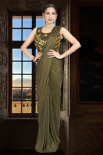 Olive Green Ready Pleated Saree With A Spaghetti Straps Crop Top In Sequins Embroidery