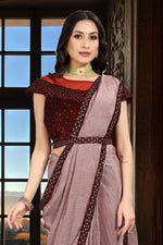 Cherry Red Ombre Saree With A Crop Top In Sequins Embroidery, Crop Top Comes In Half Sleeves
