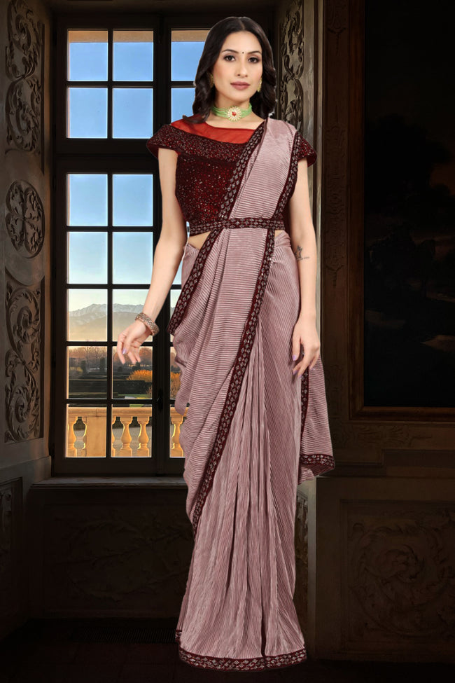 Cherry Red Ombre Saree With A Crop Top In Sequins Embroidery, Crop Top Comes In Half Sleeves