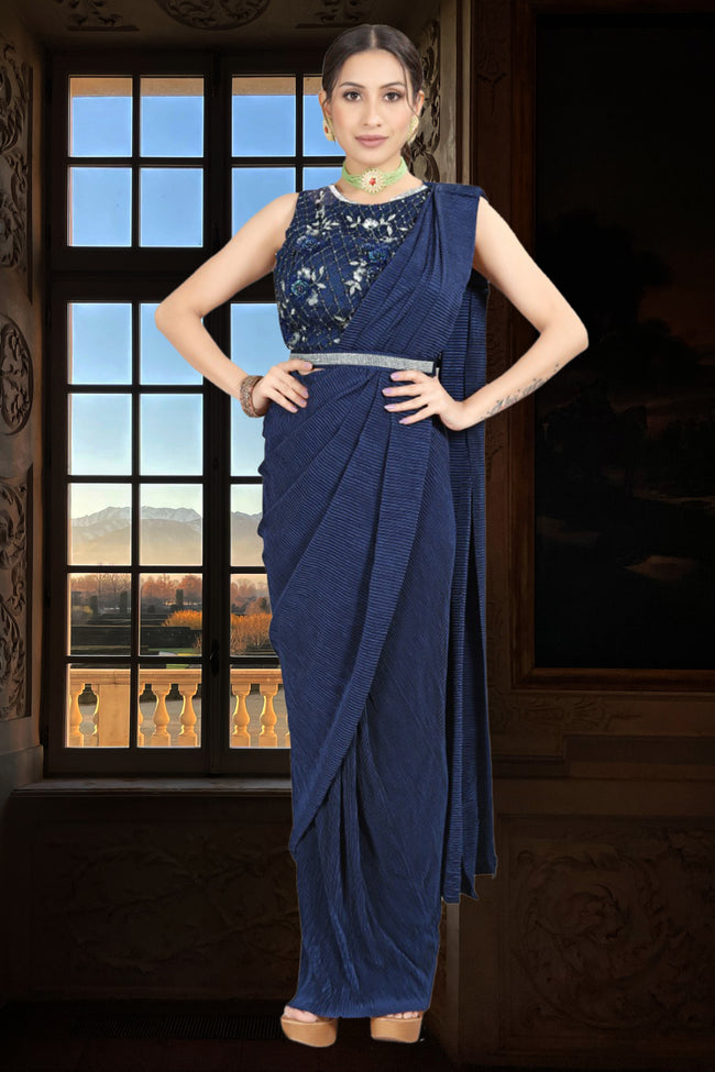 Navy Blue Ombre Saree With A Crop Top In Crush With Embroidery