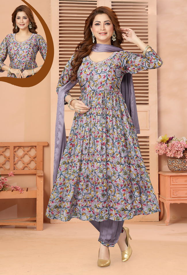 Festive Grey Flower Printed Anarkali Suit