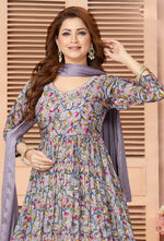 Festive Grey Flower Printed Anarkali Suit