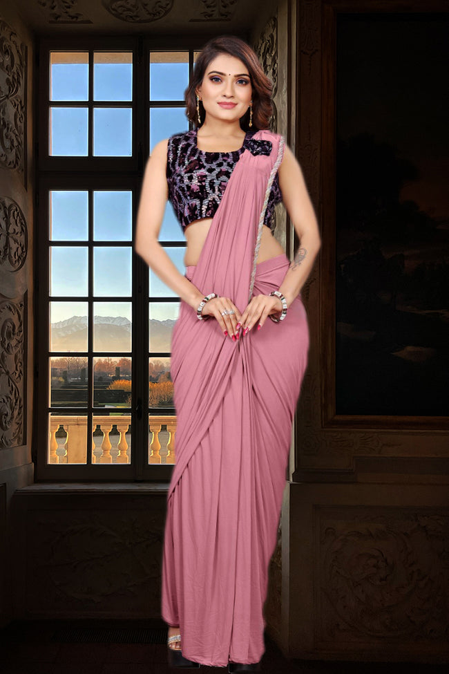 French Pink Ready-Pleated Saree with Lycra