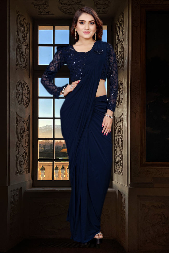 Navy Blue Ready-Pleated Saree with Lycra