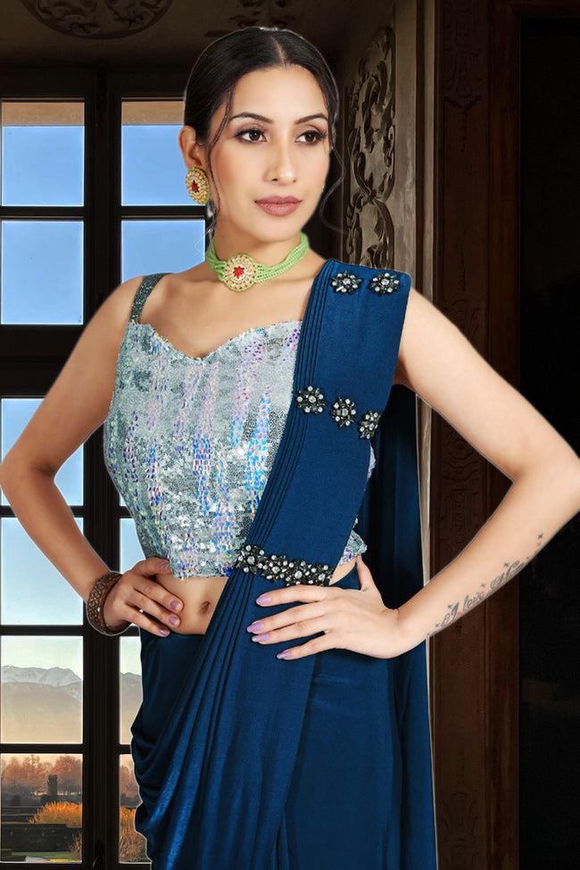 Blue Ready Pleated Lycra Saree With A Crop Top In Sequins Embroidered Blouse And Belt