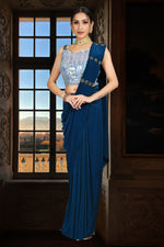 Blue Ready Pleated Lycra Saree With A Crop Top In Sequins Embroidered Blouse And Belt